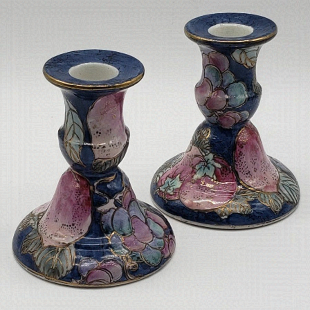 Toyo Porcelain Hand Painted Lilac Blue Gold Fruit Candle Holders